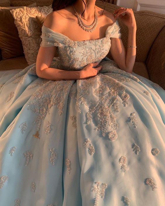 Light Blue Off The Shoulder Long Prom Dress Ball Gown   fg3771