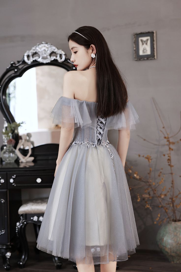 Gray tulle beads short prom dress party dress      fg3825