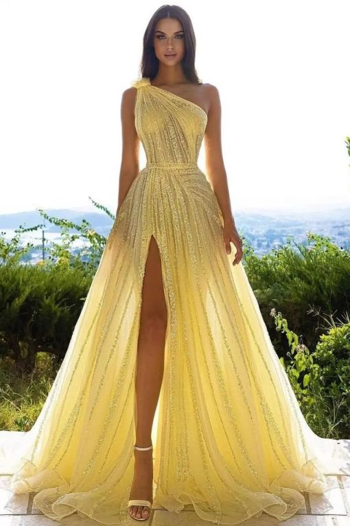 GLITTERING ONE SHOULDER DAFFODIL SEQUINS PROM DRESS LONG SPLIT ONLINE     fg346