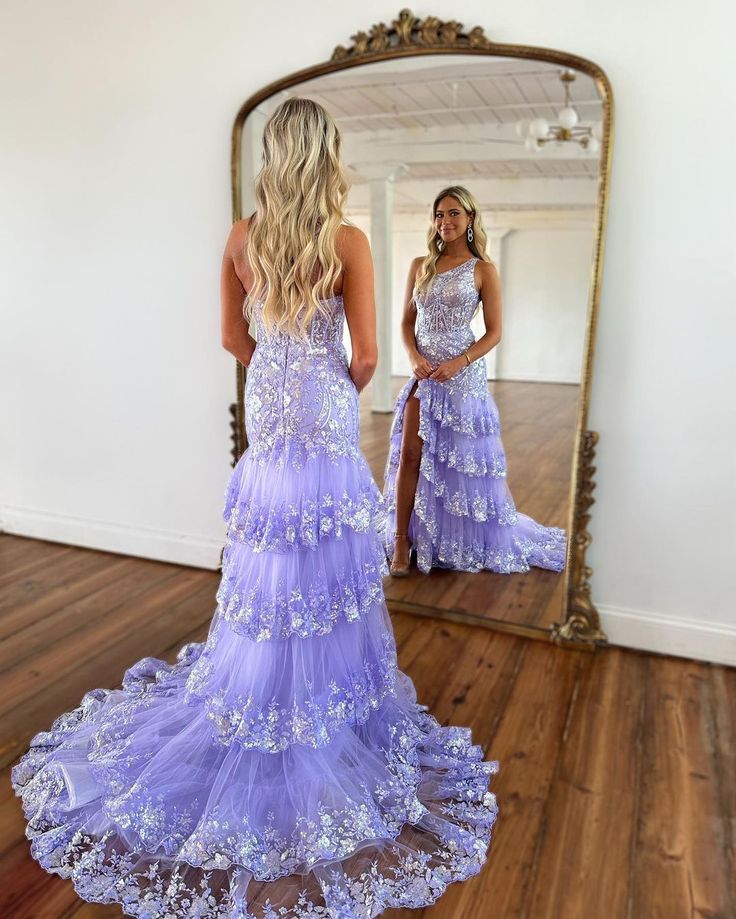 Cute A Line One Shoulder Lavender Tulle Long Prom Dresses with Sparkly Appliques        fg3967