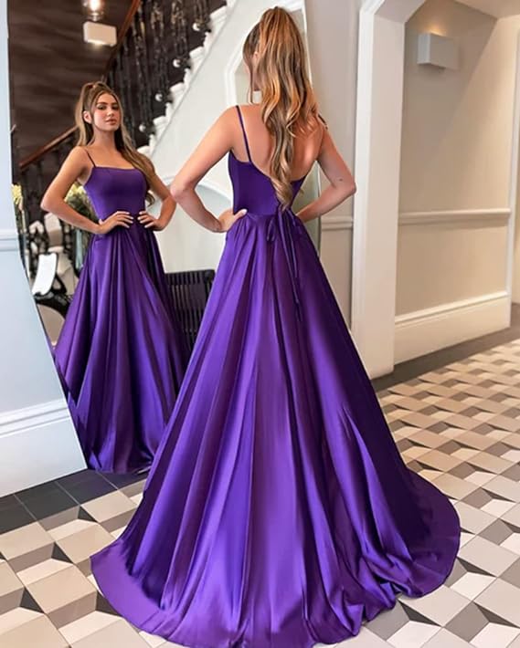 A-line Satin Scoop Neck Long Prom Dress Straps Formal Dress   fg4066