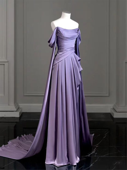 Elegant Purple Satin Prom Dress, Draped Bodice Formal Party Dress       fg3961