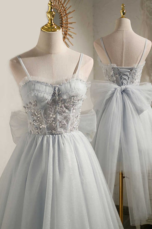 Grey Beaded Bow-Back Short Homecoming Dress     fg3421