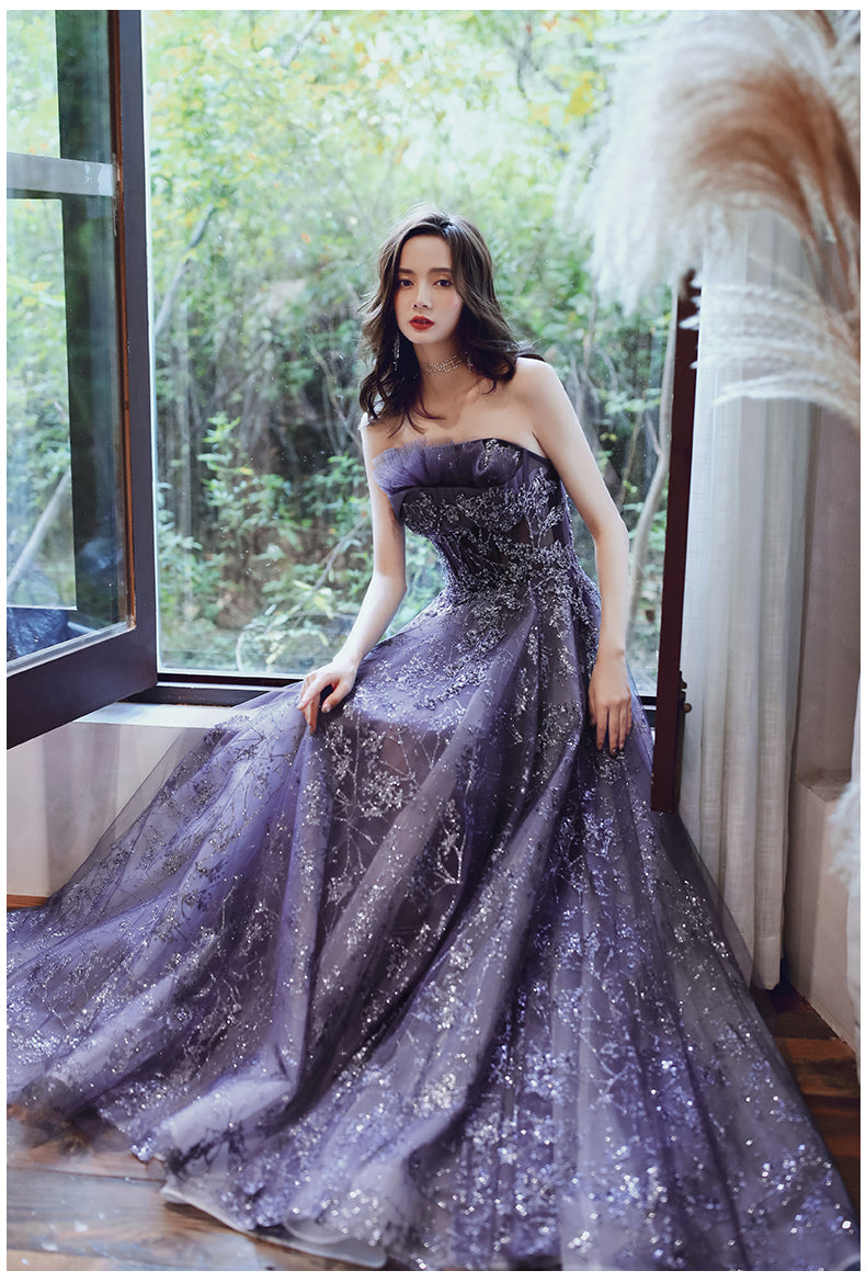 Dark Purple Tulle Style Evening Gown, Purple A-line Long Prom Dress Party Dress      fg4008