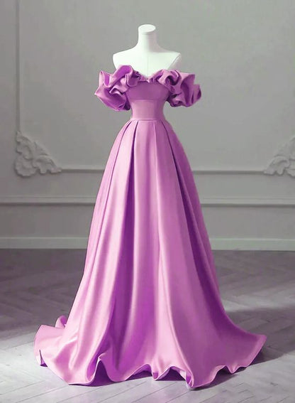 Purple Satin Off Shoulder Long Evening Dress, Purple Wedding Party Dress      fg3381