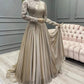 Long Appliques Full Sleeve Muslim Champagne Prom Dress High Neck Saudi Arabic A Line Evening Formal Party Gowns   fg1490