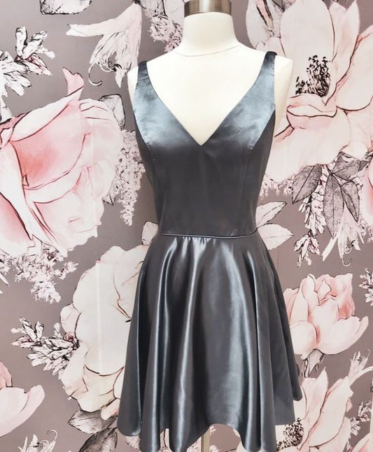 Sleeveless V Neck A Line Pleated Grey Satin Short Simple Homecoming Dresses     fg3819