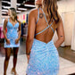 Cute Bodycon V Neck Light Blue Sequins Short Homecoming Dresses      fg3608