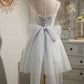 Grey Beaded Bow-Back Short Homecoming Dress     fg3421