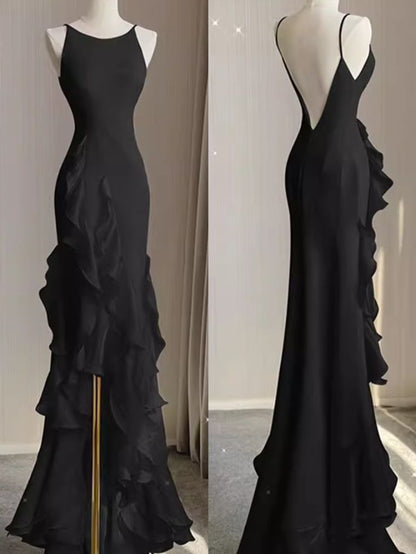 Black Mermaid Beach Wedding Dress With Ruffles, Spaghetti Straps Backless Prom Gown    fg4193