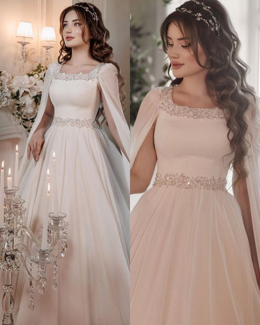 Boho Square Neck Wedding Dress with Sparkling Stone Crystals Cape Features Chiffon Sleeves Formal Event Gown       fg3941