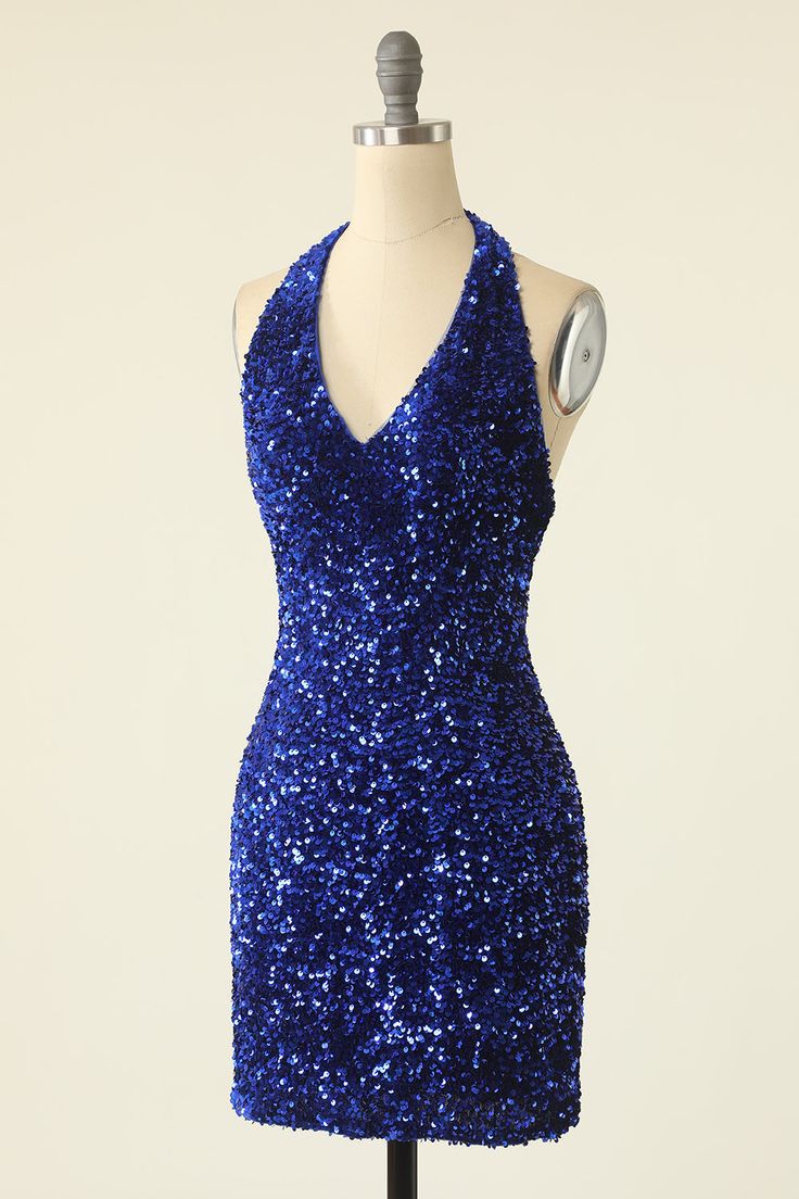 Royal Blue Sequin Halter Open Back Short Homecoming Dress    fg3516