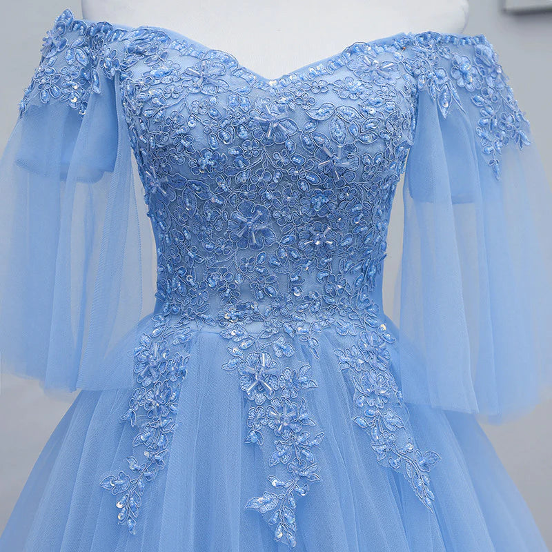 Lovely Light Blue With Lace Off Shoulder Short Prom Dress, Blue Homecoming Dresses     fg3428