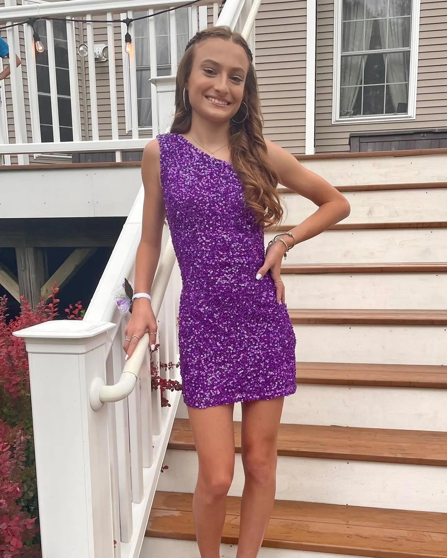 One Shoulder Purple Sequin Bodycon Mini Dress Short Prom Dress    fg3657