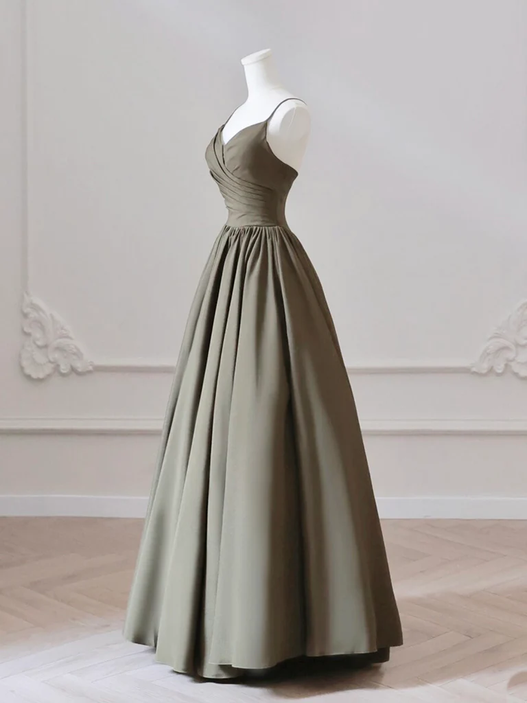 A-Line V Neck Satin Olive Green Long Prom Dress, Olive Green Long Formal Dress      fg4938