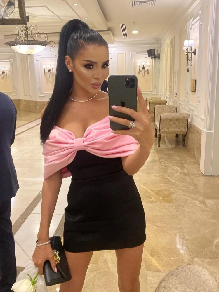 Sexy Big Bow Design Off the Shoulder Mini Dress Elegant Black Straples Pink Bowknot Bodycon Dress Homecoming Dress       fg5565