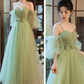 green tulle a line long prom dress, green tulle formal dress   fg2704