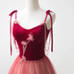 Burgundy Velvet Tulle Long Prom Dress, Beautiful A-Line Spaghetti Strap Evening Party Dress       fg5700