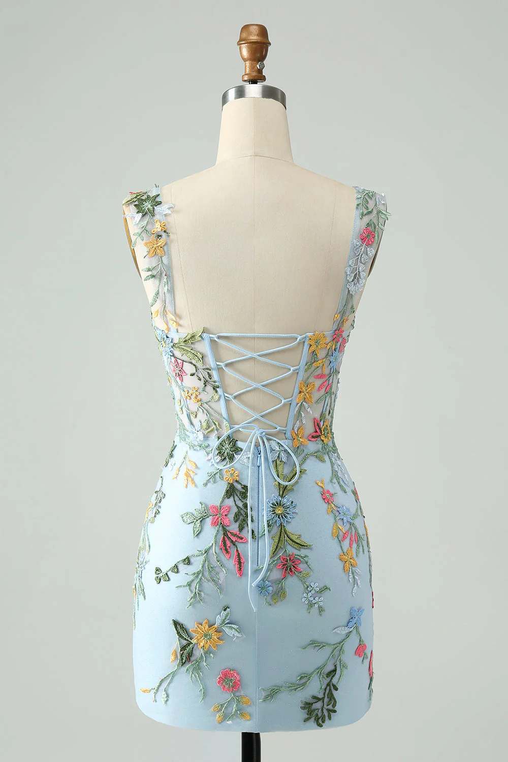 Blue Floral of the Shoulder Corset Short Homecoming Dress with Embroidery      fg5496