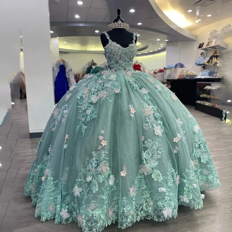 Green Princess Ball Gown Quinceanera Dresses With Bow Appliques Sweet 16 Dress Vestidos De 15 anos    fg4586