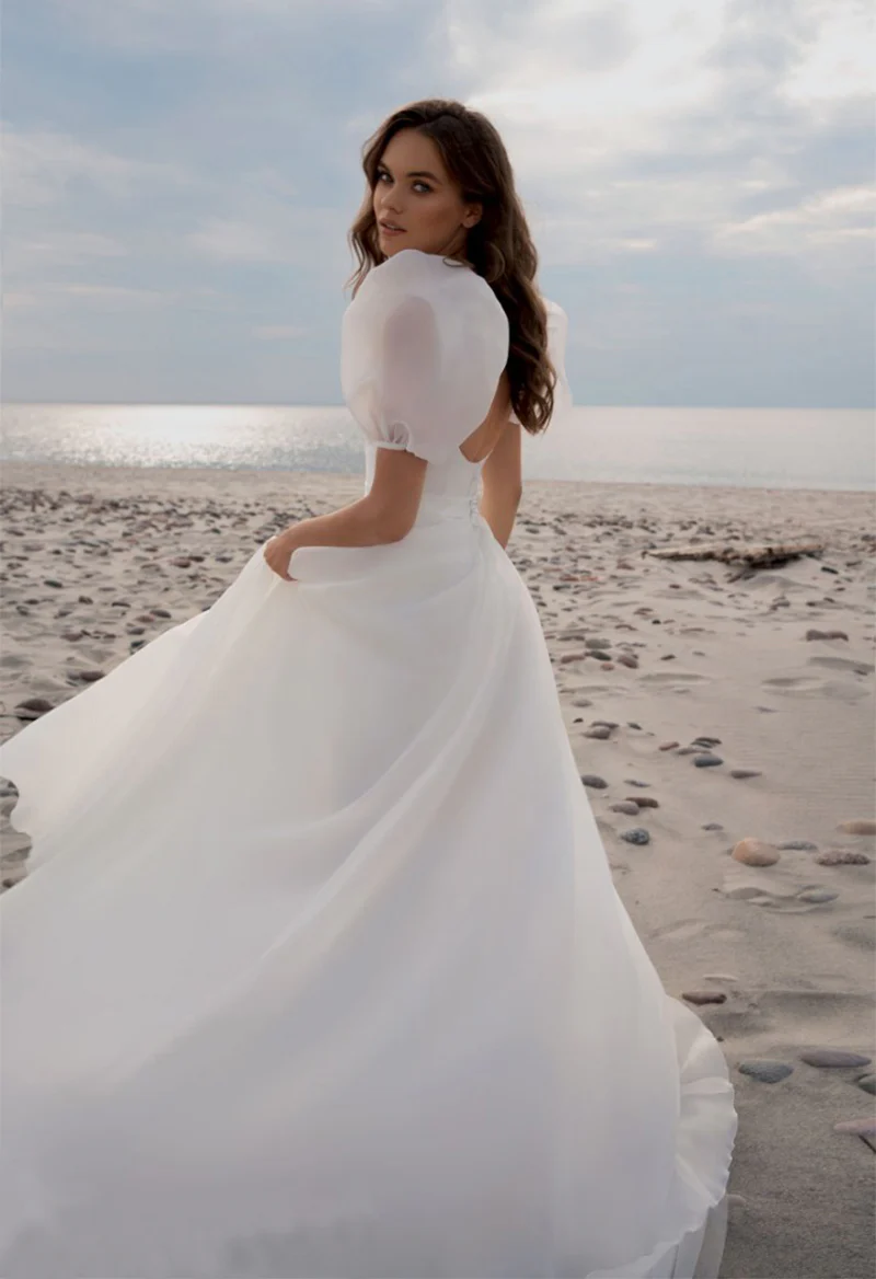 Charming A-Line Square Neck Puff Sleeves Wedding Dresses with Train      fg5860