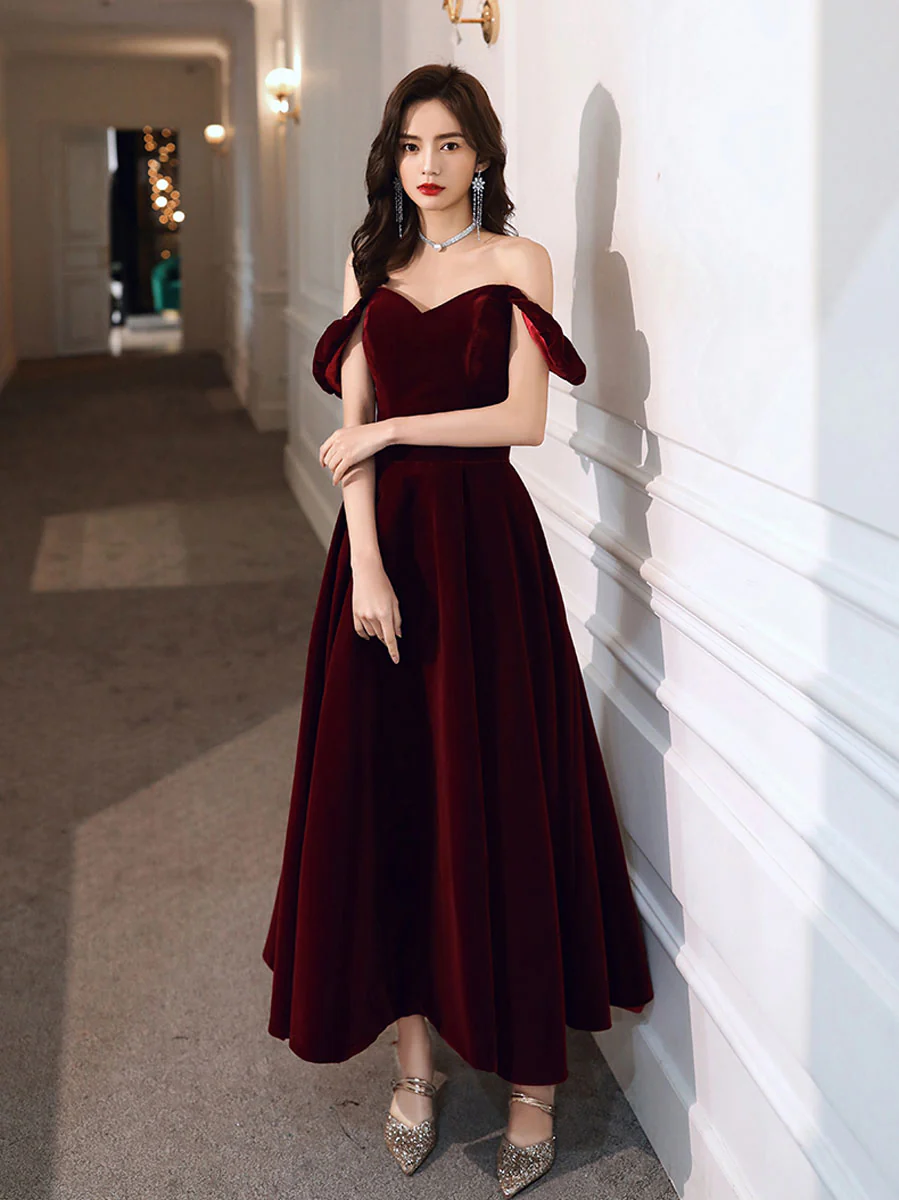 Simple Velvet Tea Length Prom Dresses, Burgundy Velvet Evening Dresses      fg5033