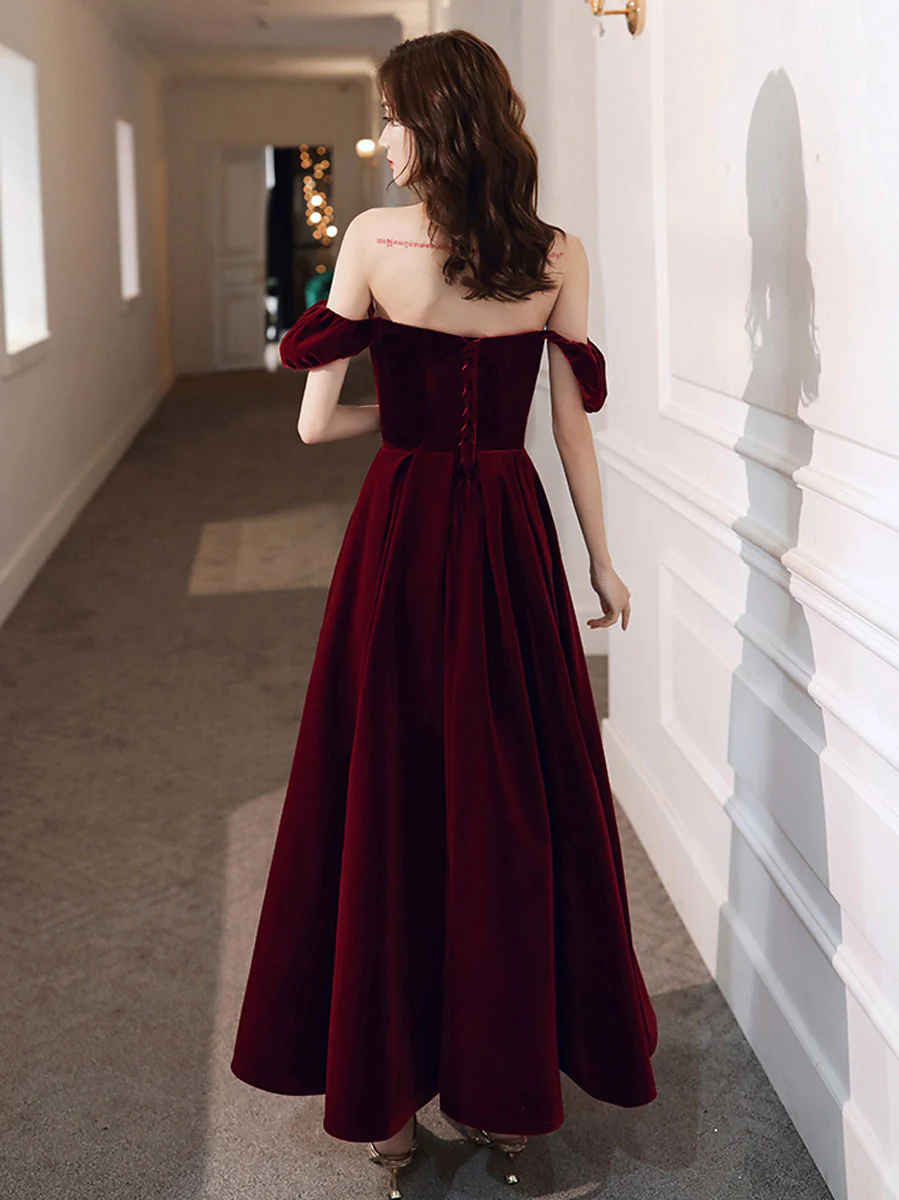 Simple Velvet Tea Length Prom Dresses, Burgundy Velvet Evening Dresses      fg5033