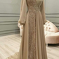 Long Tulle Appliques Full Sleeve Muslim Champagne Prom Dress High Neck Saudi Arabic A Line Evening Formal Party Gowns   fg1480