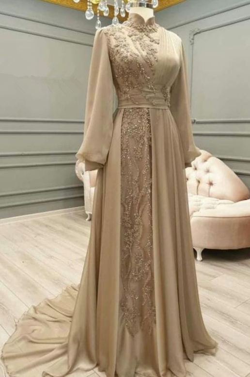 Long Tulle Appliques Full Sleeve Muslim Champagne Prom Dress High Neck Saudi Arabic A Line Evening Formal Party Gowns   fg1480