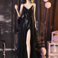 A-Line V Neck Sequin Tulle Black Long Prom Dress, Black Long Evening Dress         fg4956