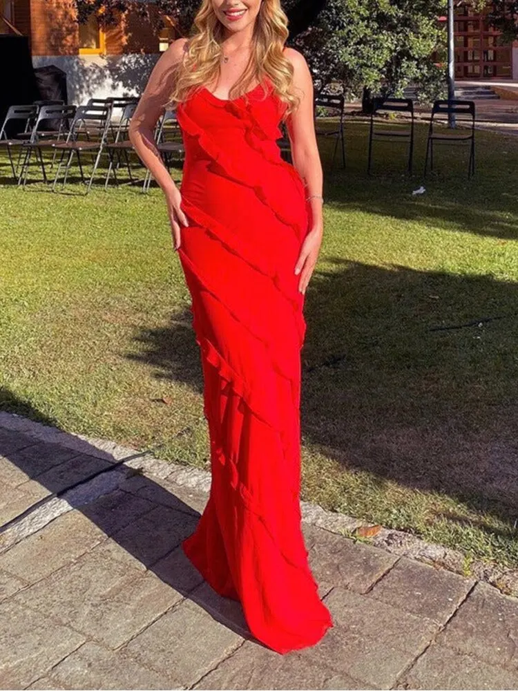 Red Ruffles Long Formal Dress Elegant Evening Dress    fg1806