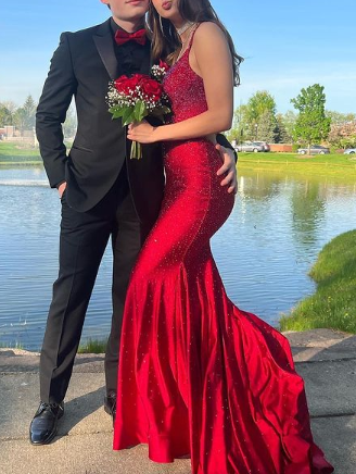 Charming Mermaid V Neck Red Satin Long Prom Dresses with Beading       fg4548