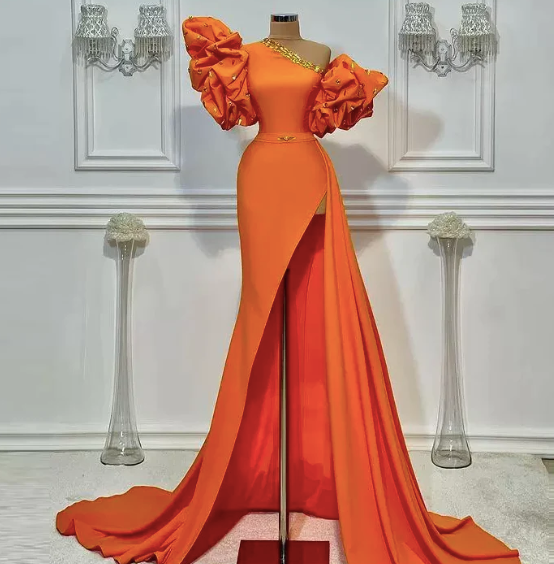 One Shoulder Unique Evening Dresses Long Orange Beaded Mermaid Elegant Simple Formal Evening Gown       fg5677