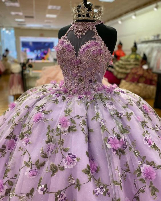 Purple A-line Ball Gown With Flowers,Purple Sweet 16 Dress     fg5685