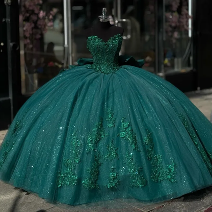 Green Appliques Lace Tull Ball Gown Quinceanera Dress Off The Shoulder Glitter Crystal Corset Dress      fg5550