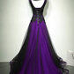 A-line Black and Purple Tulle V-neckline Beaded Prom Dress, Black Tulle Formal Dress    fg4932