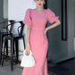 Classy Pink Puff Sleeves Mid-length Prom Dress,Pink Evening Dress    fg4680