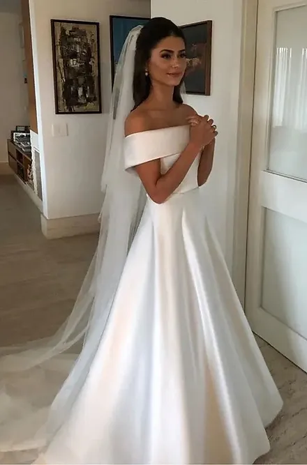 Simple Elegant Off the Shoulder A Line Wedding Dresses Satin Beach Garden Wedding Dresses Bridal Gowns      fg5709