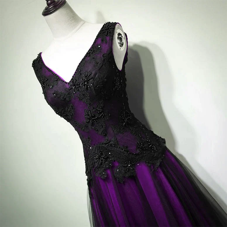 A-line Black and Purple Tulle V-neckline Beaded Prom Dress, Black Tulle Formal Dress    fg4932