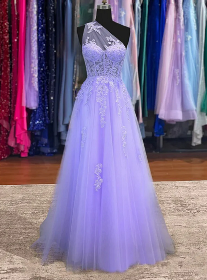 Purple Tulle One Shoulder Appliques Prom Dress      fg5402