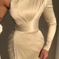 Elegant Ivory One-shoulder Long-Sleeve Sheath Prom Dresses with Sequins    fg677