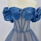 Blue Tulle Beaded Long Prom Dress, Off the Shoulder Evening Party Dress     fg5069