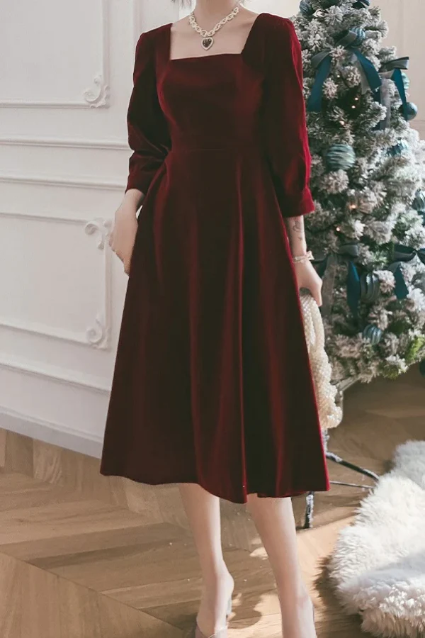 Vintage Square Necking Tea Length Burgundy Velvet Prom Dresses       fg4754