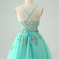 Sweet Green A Line Spaghetti Straps Corset Short Homecoming Dress with Appliques      fg5497