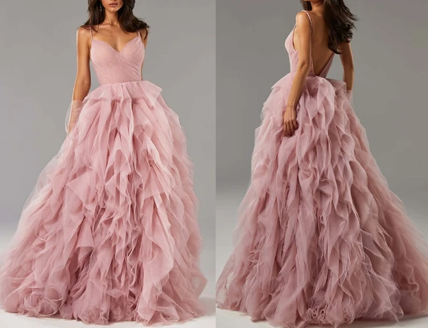 Straps Blush Pink Prom Dress with Cacasding Ruffles    fg540