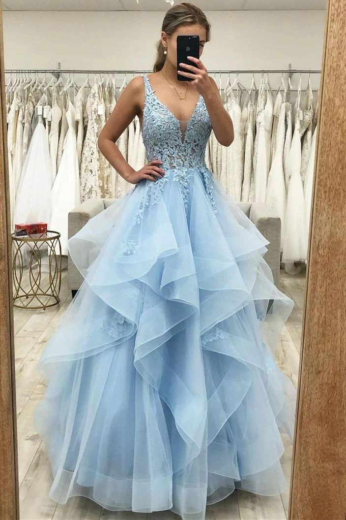 V-neck Tulle Ball Gown Long Prom Dress with Lace Bodice      fg5859