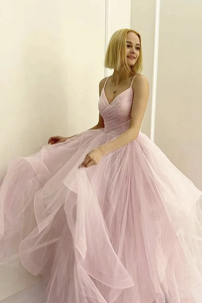 A Line V Neck Pink Tulle Long Prom Dresses, A Line V Neck Pink Tulle Long Formal Evening Dresses      fg4139