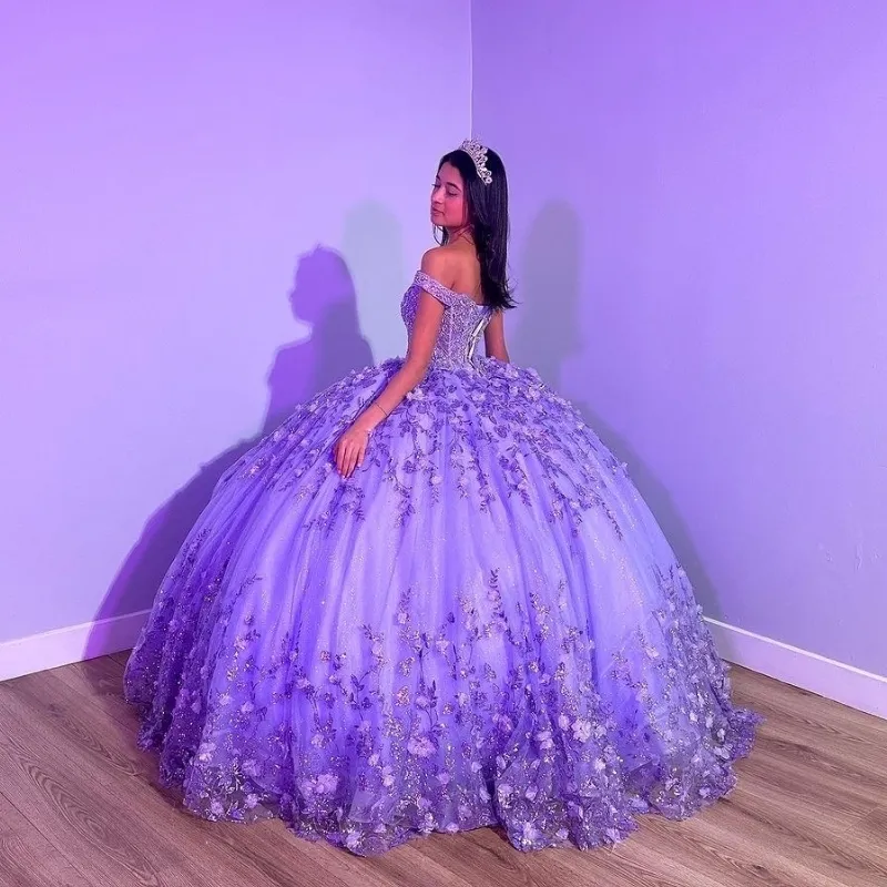 Purple Shiny Puffy Princess Quinceanera Dresses Off Shoulder Beads 3D Floral Gillter Sequins Lace-up Corset Vestidos 15 anos rosa     fg5533