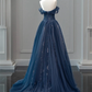 A-Line Off Shoulder Tulle Lace Dark Blue Long Prom Dress, Dark Blue Long Evening Dress      fg5177