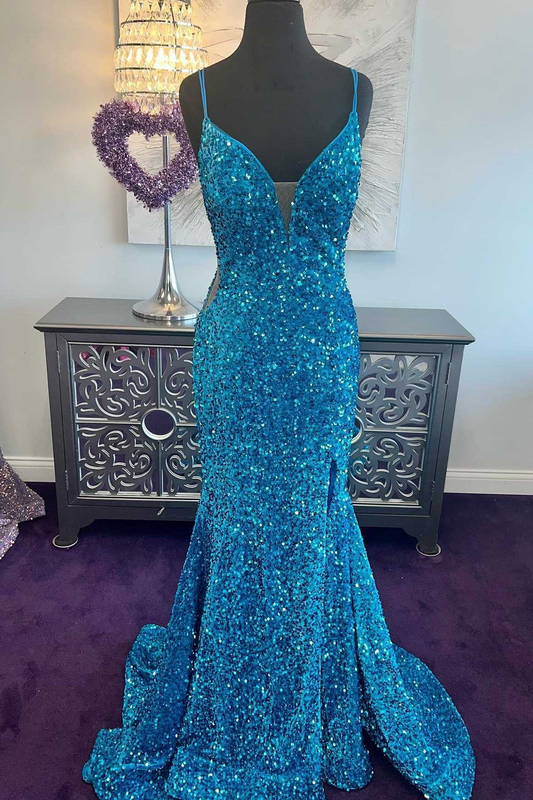 Blue Sequin Plunge V Mermaid Long Prom Dress with Slit      fg5308